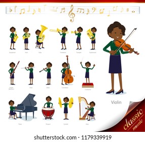 A set of women on classical music performances.There are actions to play various instruments such as string instruments and wind instruments.It's vector art so it's easy to edit.