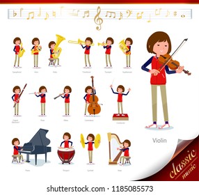 A set of women on classical music performances.There are actions to play various instruments such as string instruments and wind instruments.It's vector art so it's easy to edit.