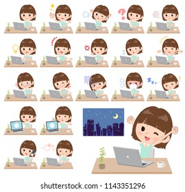 A set of women on desk work.There are various actions such as feelings and fatigue.It's vector art so it's easy to edit.