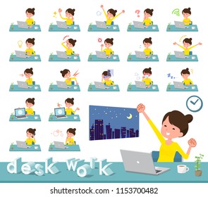 A set of women on desk work.There are various actions such as feelings and fatigue.It's vector art so it's easy to edit.