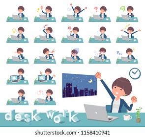 A set of women on desk work.There are various actions such as feelings and fatigue.It's vector art so it's easy to edit.