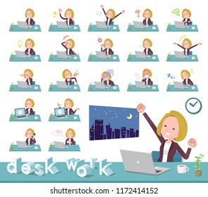 A set of women on desk work.There are various actions such as feelings and fatigue.It's vector art so it's easy to edit.