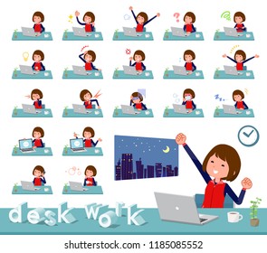 A set of women on desk work.There are various actions such as feelings and fatigue.It's vector art so it's easy to edit.