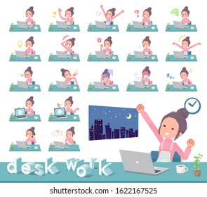 A set of women on desk work.There are various actions such as feelings and fatigue.It's vector art so it's easy to edit.
