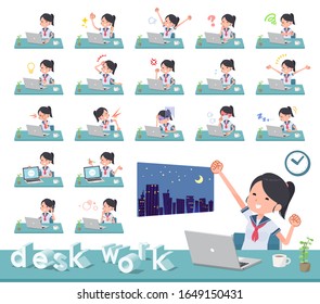 A set of women on desk work.There are various actions such as feelings and fatigue.It's vector art so it's easy to edit.
