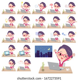 A set of women on desk work.There are various actions such as feelings and fatigue.It's vector art so it's easy to edit.