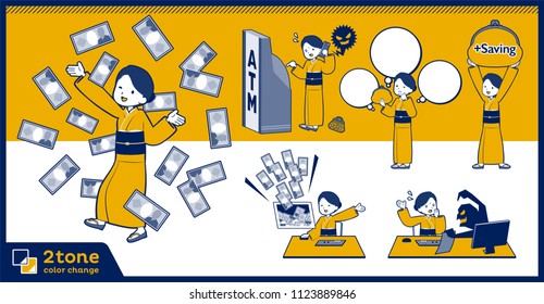 A set of women on economics. There are actions to express fraud and side jobs. With vector data, you can edit two colors in the Swatches panel.