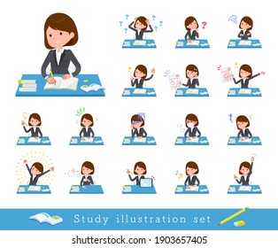 A set of women on study.There are various emotions and actions.It's vector art so it's easy to edit.