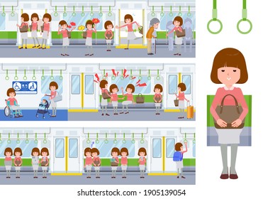 A set of women on the train.It's vector art so easy to edit.