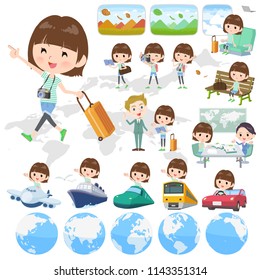 A set of women on travel.There are also vehicles such as boats and airplanes.It's vector art so it's easy to edit.