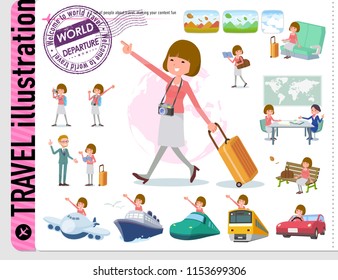 A set of women on travel.There are also vehicles such as boats and airplanes.It's vector art so it's easy to edit.