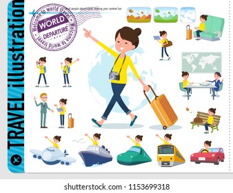 A set of women on travel.There are also vehicles such as boats and airplanes.It's vector art so it's easy to edit.