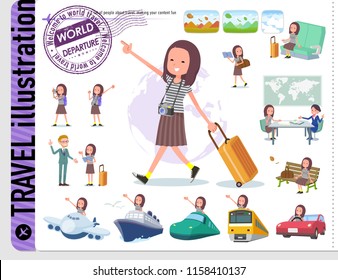 A set of women on travel.There are also vehicles such as boats and airplanes.It's vector art so it's easy to edit.