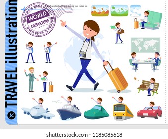 A set of women on travel.There are also vehicles such as boats and airplanes.It's vector art so it's easy to edit.