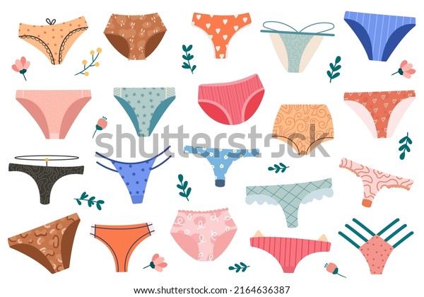 Set\
of women panties, underwear types string, thong, tanga, bikini.\
Cheeky, hipster, classic brief, slip, retro high waist or slimming\
underclothing collection. Cartoon vector\
illustration