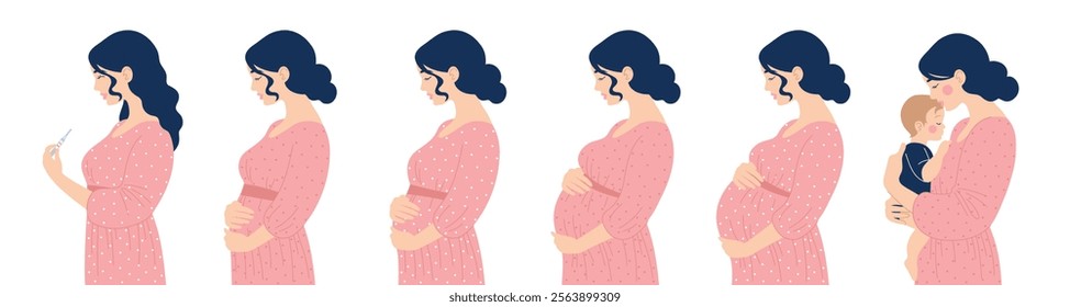 Set of women, path from pregnancy test through different stages to motherhood. Mom with baby. Vector isolated flat illustration of people