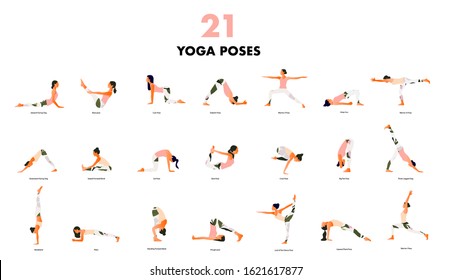  Set of women performing yoga poses. Women practicing asanas and pelvic floor exercises. Flat cartoon vector illustration isolated on white background. 