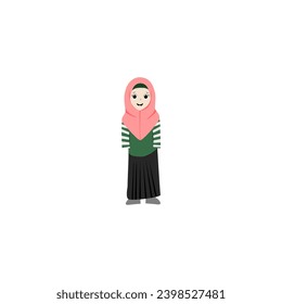 set of women with pink headscarves and green clothes shopping