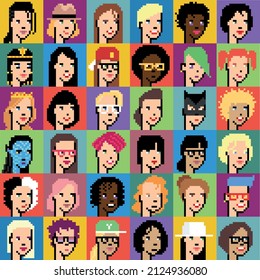 Set of women pixel avatars in 8-bit style    svg