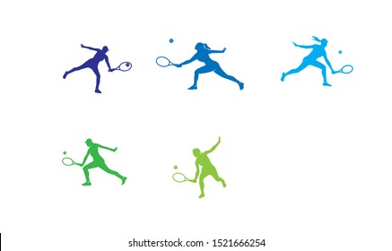 set women play tennis illustration icon banner