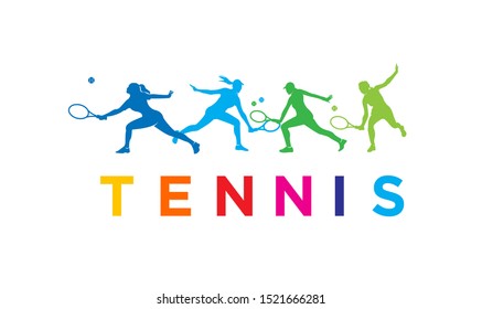 set women play tennis illustration icon banner