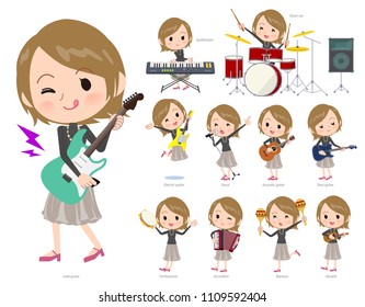 A set of women playing rock 'n' roll and pop music.
There are also various instruments such as ukulele and tambourine.
It's vector art so it's easy to edit.