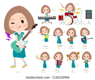 A set of women playing rock 'n' roll and pop music.
There are also various instruments such as ukulele and tambourine.
It's vector art so it's easy to edit.