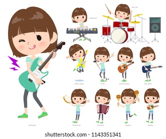 A set of women playing rock 'n' roll and pop music.There are also various instruments such as ukulele and tambourine.It's vector art so it's easy to edit.