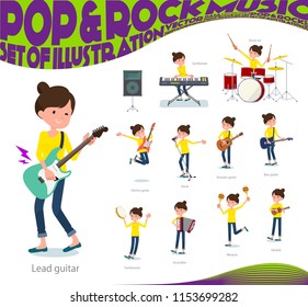 A set of women playing rock 'n' roll and pop music.There are also various instruments such as ukulele and tambourine.It's vector art so it's easy to edit.