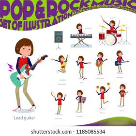 A set of women playing rock 'n' roll and pop music.There are also various instruments such as ukulele and tambourine.It's vector art so it's easy to edit.