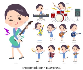 A set of women playing rock 'n' roll and pop music.There are also various instruments such as ukulele and tambourine.It's vector art so it's easy to edit.