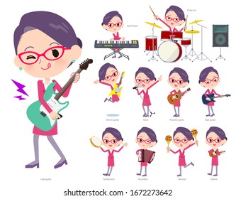 A set of women playing rock 'n' roll and pop music.There are also various instruments such as ukulele and tambourine.It's vector art so it's easy to edit.