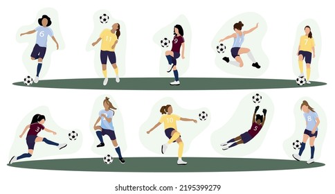 Juego de mujeres jugando fútbol con fondo blanco