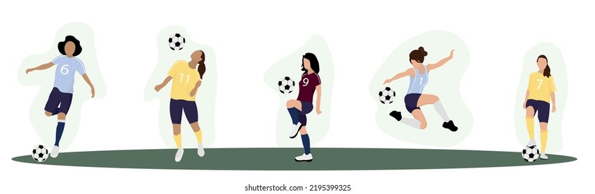 Juego de mujeres jugando fútbol con fondo blanco