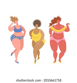 Set of women in plus size swimwear of different races isolated on white background. Positive body concept, love your body. Vector stock illustration in flat style. 