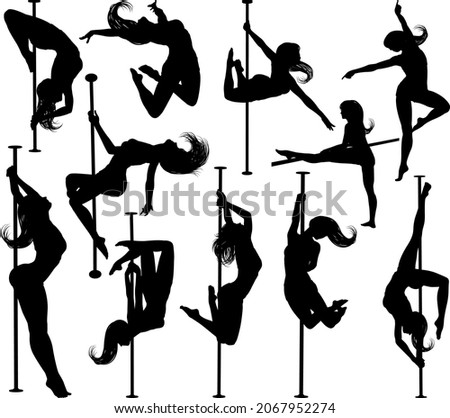 A set of women pole dancing exercising for fitness in silhouette