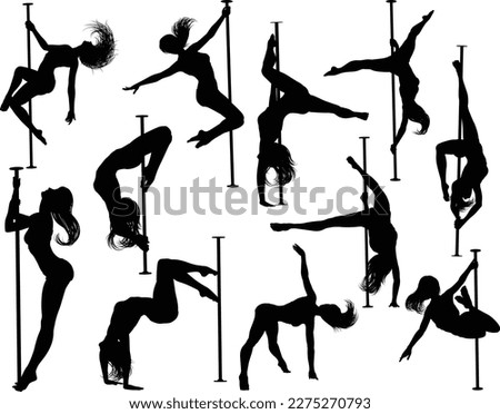 A set of women pole dancing exercising for fitness in silhouette