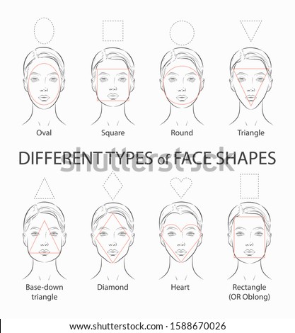 Set of women portrait different types. Oval, square, round, triangle shapes. Various shapes. For makeup, glasses and fashion style. Vector line sketch 