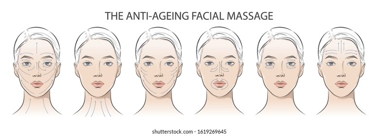 Set of women portrait facial massage instructions. Anti-ageing, lifting sculpt methods. lines scheme for Glowing and Slimmer Skin. How to apply cream to the face and neck. Relaxing techniques. Vector