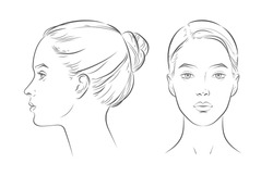 Set Of Women Portrait Vector Face In Profile Aspect. Young Beautiful Girl Looking Side And Front Angles. Close Up Black And White Line Sketch Isolated Illustration