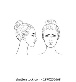 Set of women portrait vector face in profile aspect.Young beautiful girl looking side and front angles. Close up black and white line sketch isolated vector illustration