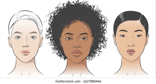 Set of women portraits African African-american, asian, European. Women with different nationality, ethnicity, cultures, skin color, hairstyle. Interracial friendship girls concept. Vector line sketch