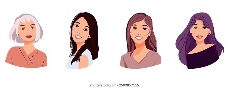Set of Women Portraits Beauty Face Logo with Colorful Hair Styles in Vector Clip Art