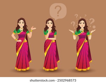 Set of women poses with red saree vector character design
