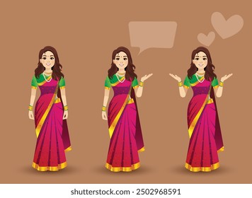 Set of women poses with red saree vector character design