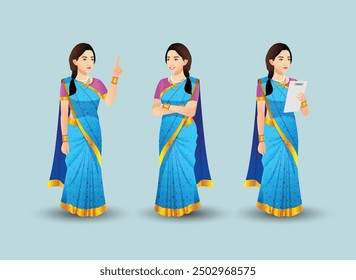 Conjunto de poses de mujeres con diseño de personaje de Vector sari