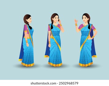 Conjunto de poses de mujeres con diseño de personaje de Vector sari