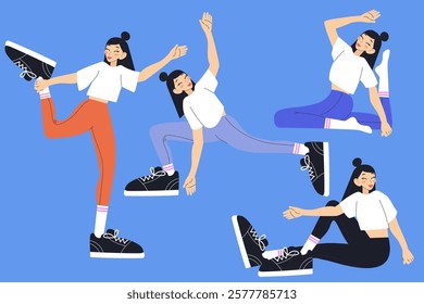 Set with women practice fitness exercises. Pilates, stretching, yoga workouts. Modern vector illustrations.