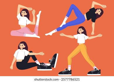 Set with women practice fitness exercises. Pilates, stretching, yoga workouts. Modern vector illustrations.