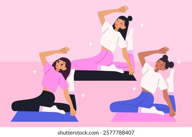 Set with women practice fitness exercises. Pilates, stretching, yoga workouts. Modern vector illustrations.